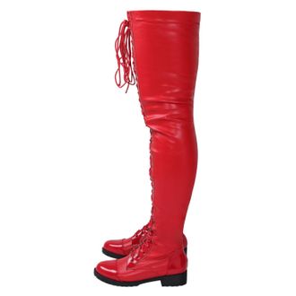 Generic Red,7.5 UK,Thigh High Boots for Women Patent Leather PU Chunky Heel Low Heels Over The Knee Boot Lace-up Side Zipper Fall Comfy Long Boot Dress Shoes