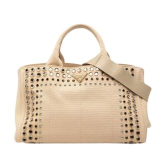 Prada Pre-owned Studded Canvas Satchel - Dames - Pre-owned - Beige - Maat: ONE Size