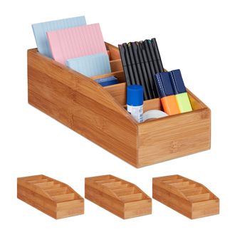 Relaxdays 4 Cajas De Almacenaje De Bamb&uacute;, Seis Compartimentos, Organizadores De Escritorio, Ba&ntilde;o, Cocina, Marr&oacute;n, 10 X 14 X 35 Cm