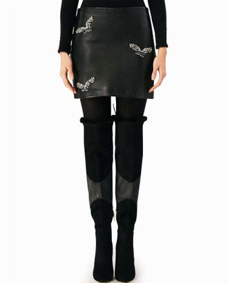 Nicole Miller Leather Mini Skirt In Black Embellished Eagle