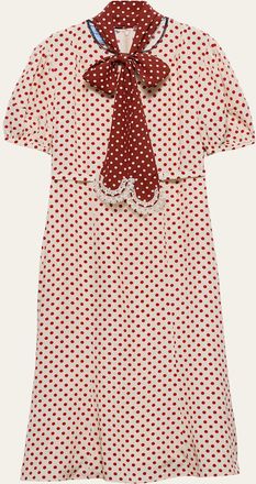 Prada Polka-Dot Silk Puff-Sleeve Midi Dress