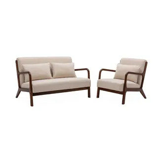 Sweeek Banco de 2 plazas + sill&oacute;n de tela beige, madera de hevea te&ntilde;ida