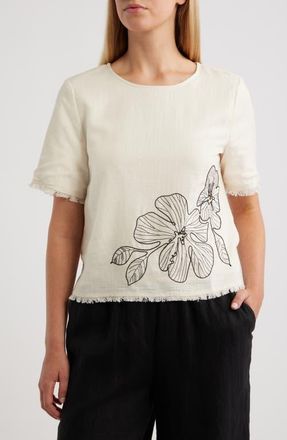 Vince Camuto Floral Embroidered Short Sleeve Top in Natural at Nordstrom, Size Xx-Small