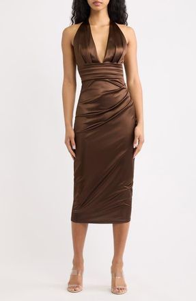 Emerald Sundae Satine Halter Midi Dress in Chocolate Brown at Nordstrom, Size X-Small