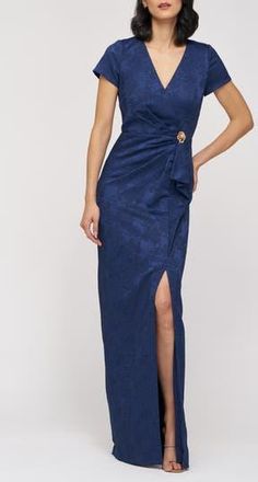 JS Collections Aidy Faux Wrap Column Gown in Navy at Nordstrom Rack, Size 14