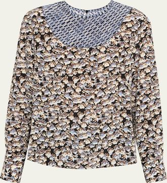 Marni Anemone Floral Silk Crepe De Chine Long-Sleeve Blouse