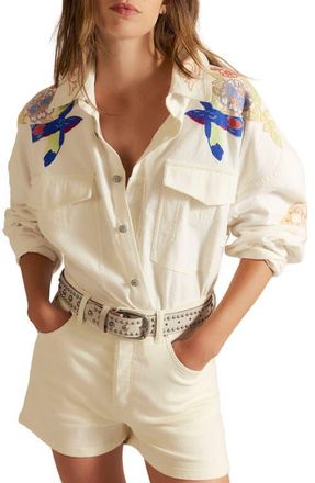 Free People Take Flight Embroidered Cotton Shirt in Snow Bell Combo at Nordstrom, Size X-Large