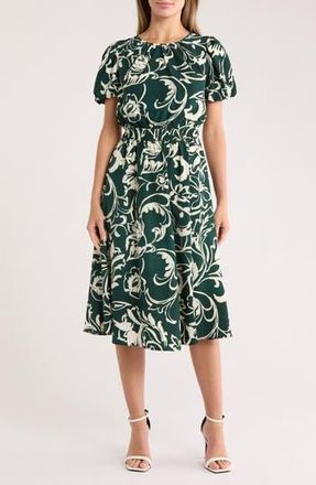 London Times Puff Sleeve Midi Dress in Hunter Green/Bone at Nordstrom Rack, Size X-Large