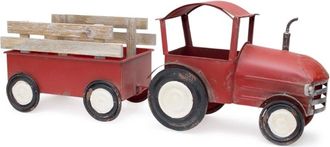 Melrose International Iron Metal Tractor with Wagon Decor with Wood Accents 27.5L - Red