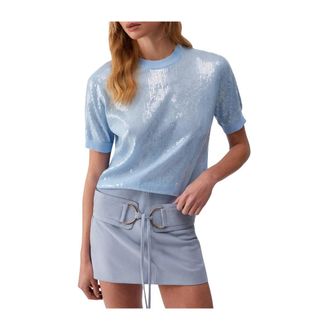 Liu Jo Round-neck Knitwear, female, Blue, Size: XS Sequin-Embellished Crew Neck Top