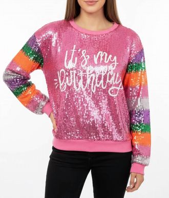 Why Dress Its My Birthday Striped Long Sleeve Sequin Top In Pink