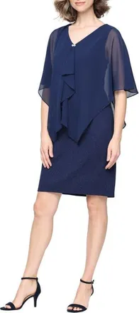 S.L. Fashions Chiffon Drape Glitter Knit Sheath Dress in Navy at Nordstrom, Size 16