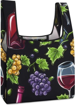 Generic Wine Bottle And Glass Grapes Shopping Bag Reusable Grocery Tote Bag Foldable Handbag for Travel Picnic