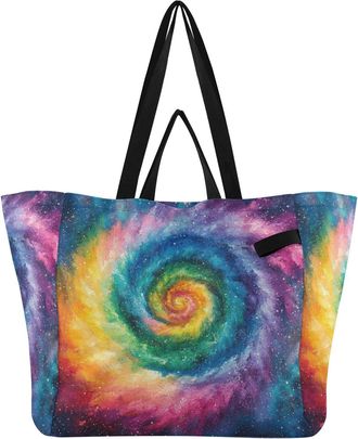 Generic Rainbow Space Tie Dye print Reusable Canvas Tote Bag, Heavy Duty Grocery Shopping Bag with Large Capacity Double Handles Hard Bottom Work Groceries Tr