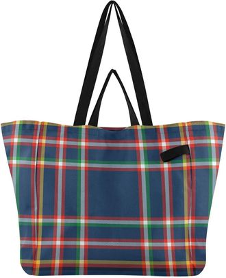 Generic Blue Yellow Plaid print Reusable Canvas Tote Bag, Heavy Duty Grocery Shopping Bag with Double Handles Hard Bottom Large Capacity Work Groceries Travel