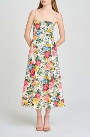 Wayf Josefina Floral Linen Blend Midi Dress in Ivory Roses at Nordstrom, Size X-Small