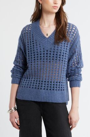Treasure & Bond Mesh Stitch V-Neck Sweater in Blue Indigo at Nordstrom, Size Xx-Small