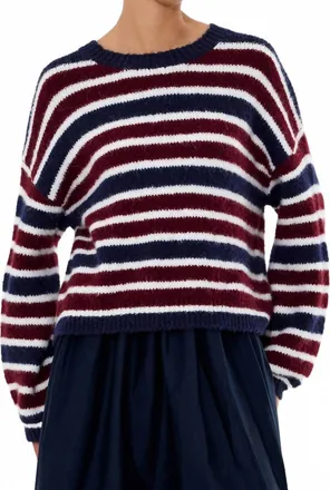French Connection Chunky Alpaca Crew Neck Pullover In Cabernet/royal Blue