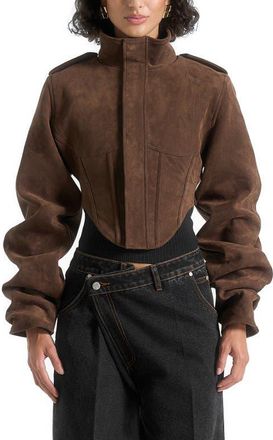 Mani&egrave;re De Voir Solange Suede Tacked Sleeve Corset Jacket in Brown at Nordstrom, Size 4