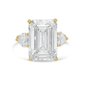Diana M. Jewels 18kt Yellow gold Lab grown 15ct Emerald diamond ring with heart diamonds on the side and micropave band