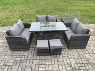 Fimous Rattan Outdoor Garden Furniture Sofa Set Gas Fire Pit Dining Table Gas Heater with Side Tables Love Sofa 2 Small Footstools in Dark Grey