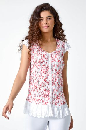 Roman Ditsy Lace Trim V-Neck Cotton Blouse