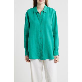 Eileen Fisher Classic Collar Organic Linen Long Button-Up Shirt in Sea Star at Nordstrom, Size Xx-Small