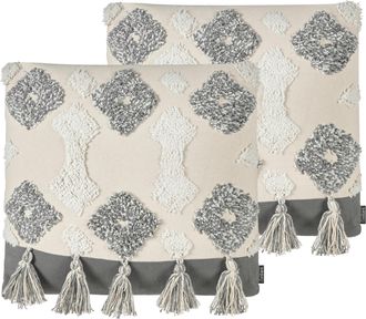 Beliani Conjunto De 2 Cojines De Algod&oacute;n Blanco Gris 45 X 45 Cm Diamante Borlas Alocasia