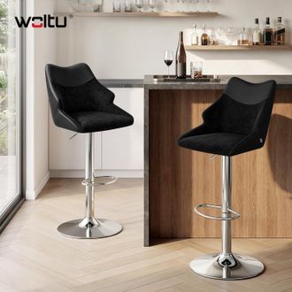 Woltu Woltu Juego De 2 Taburetes Altos De Bar Modernos - Dise&ntilde;o En Chenilla Y Pu, Giro De 360&deg;, Altura Regulable - Negro