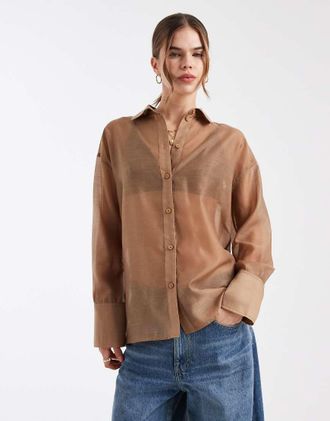 4th & Reckless Camicia con polsini ampi color talpa trasparente-Neutro