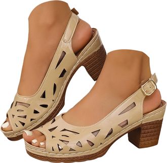 Generic Platform Wedge Sandals for Women 2026 Dressy Summer Hollow Out Open Toe Low Heel Ankle Strap Platform Sandals for Office Work Breathable Casual Vacati