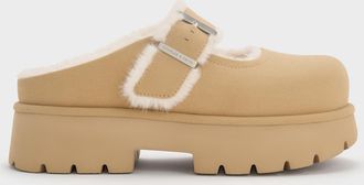 Charles & Keith Bergen Textured Fur-Trim Buckled Platform Mules