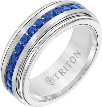 Triton 8MM Tungsten Carbide Sapphire Eternity Ring with Satin Bright Finish and Bevel Edge in Metallic Silver at Nordstrom, Size 12.5