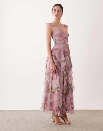 Lace & Beads Vestito lungo in tulle con volant rosa a fiori astratti-Multicolore