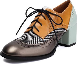 Generic Womens Lace Up Oxford Dress Shoes Brogue Perforated Round Toe Chunky Block Heel Cushioned Insole Comfortable Vintage Style Footwear,Grey,10.5 UK