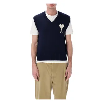 Ami Sleveless Knitwear, male, Blue, Size: XL De Coeur V-neck Vest