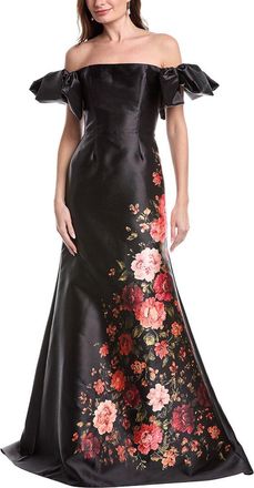 Rene Ruiz Off-The-Shoulder Printed Crepe Gown