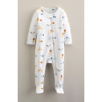 Nordstrom Print Zip Cotton Footie in White Zoo Animals at Nordstrom, Size Newborn
