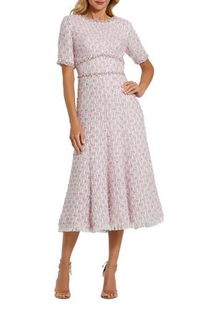 Mac Duggal Short Sleeve Beaded Trim Boucle Midi Dress in Pink Multi at Nordstrom, Size 12