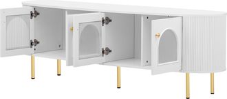STILVORA Mueble Tv Con 4 Puertas De Cristal Y Pasacables, Tiradores Y Patas Doradas, Estilo Elegante, 170&times;35&times;55 Cm, En Mdf, Blanco+oro