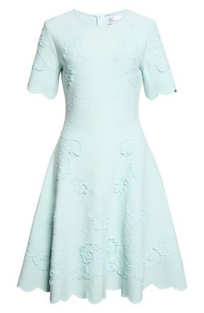 Oscar De La Renta Hibiscus Jacquard Knit Fit & Flare Dress in Saltwater at Nordstrom, Size X-Small