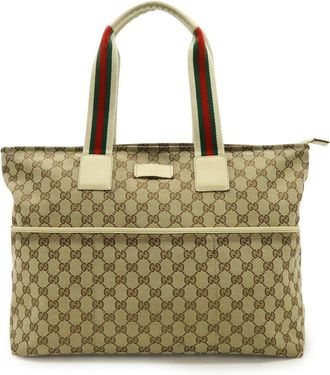 Gucci Beige Green Ivory Khaki Red Color Gg Canvas Leather Shoulder Bag Tote Bag (Pre-Owned)