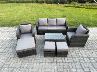 Fimous 8 Seater Rattan Garden Furniture Set Patio Outdoor Lounge Sofa Set with Rectangular Coffee Table 3 Footstools in Dark Grey