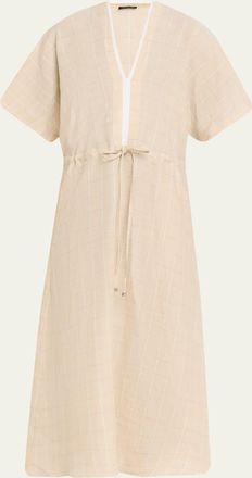 Kiton Drawstring Metallic Check Linen Midi Dress