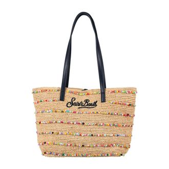 MC2 Saint Barth Geweven Raffia Tote Bag met Kralenstrepen - Dames - Tassen - Beige - Maat: ONE Size Leer