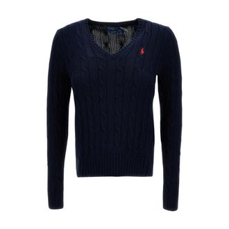 Polo Ralph Lauren Kabelgebreide V-hals Trui - Dames - V-hals truien - Blauw - XL - Katoen - Truien & Vesten