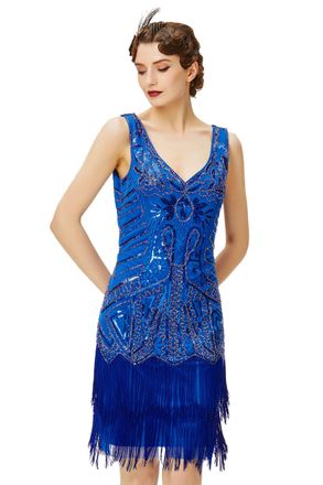 Babeyond Womens Retro Flapper Dress with Two Layers Tassel V Neckline in 1920s Style; Costume Dress for Great Gatsby Themed Party - Blue