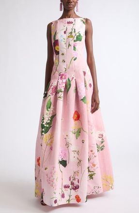 Oscar De La Renta Mixed Botanical Print Sleeveless Faille Gown in Blush Multi at Nordstrom, Size 6