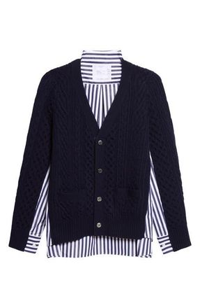 sacai Mixed Media Wool Cable & Poplin Shirt Cardigan in Navy/Navy Stripe at Nordstrom, Size 1