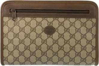 Gucci Pre-owned Clutches, male, Brown, Size: ONE SIZE Pre-owned GG Supreme Canvas Leather Clutch Bag